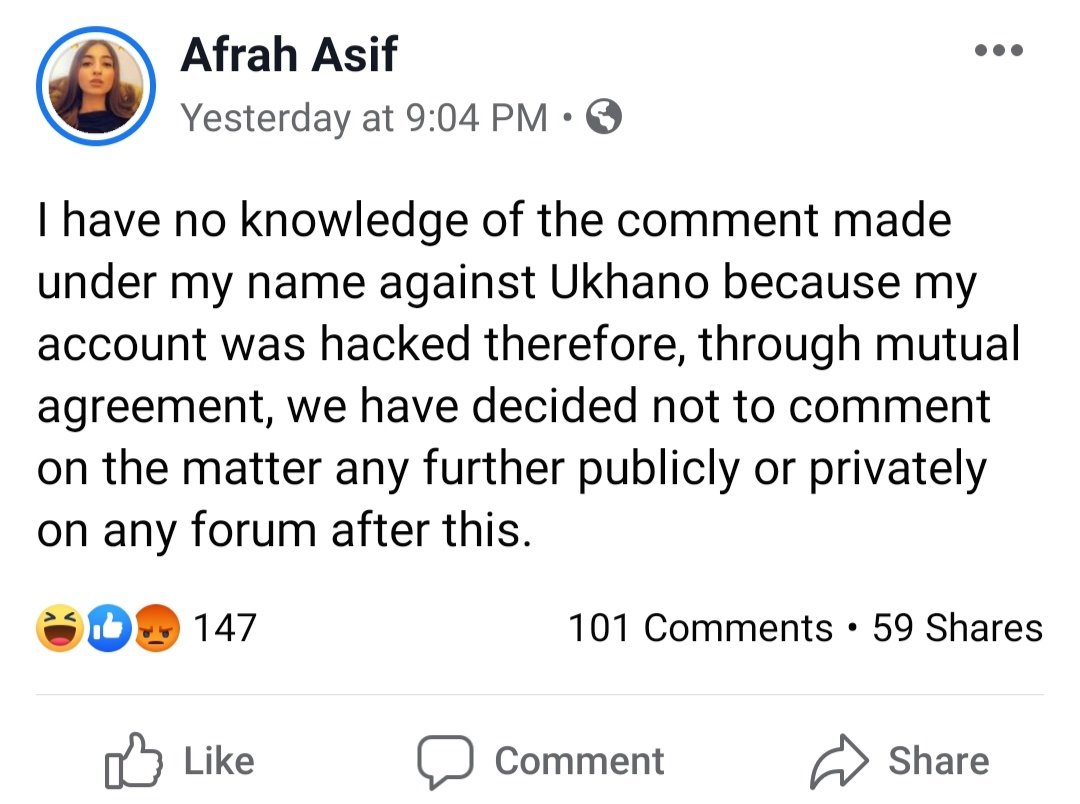 Afrah Asif says her account was hacked 